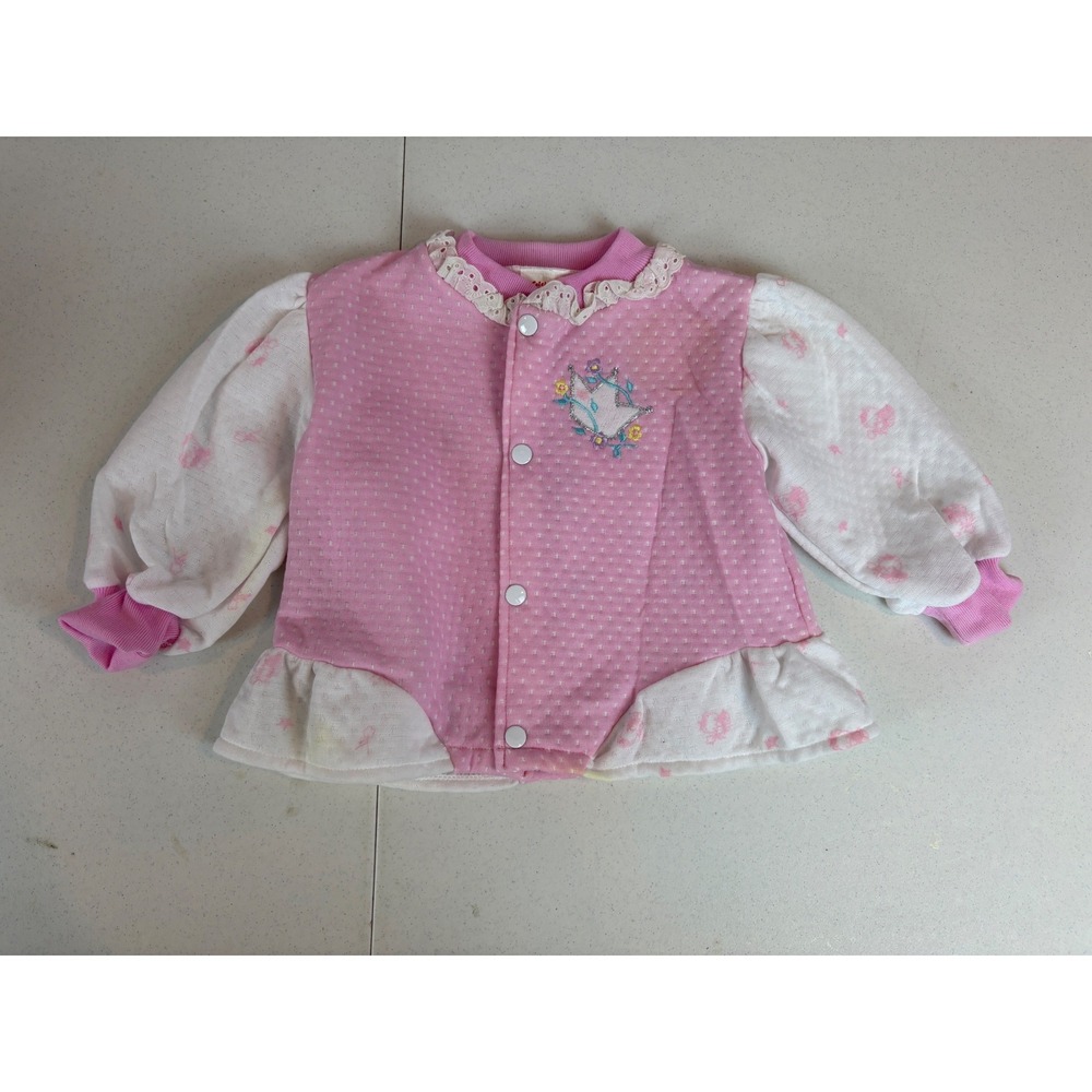 Vintage Pink Quilted Baby Top Embroidered Bear Princess Lace Collar Ruffle Hem